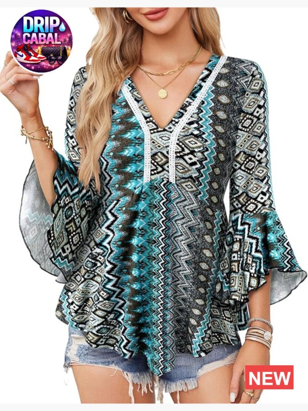 3/4 Ruffle Sleeve Lace V Neck Peplum Tunic Babydoll Blouse
